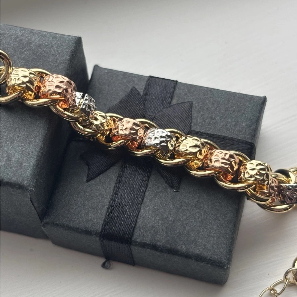 Gold Plated Chunky Chain Bracelet Mixed Metal Textured Links Statement Toggle - Picture 4 of 10